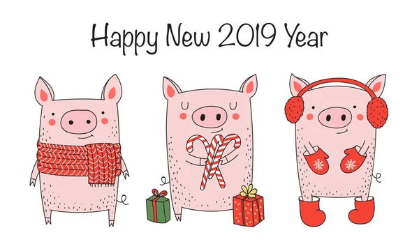 Tatil afiş. Sevimli domuz ve kış sloganı ile yeni 2019 yıl posterler. Çince takvim yılında sembolü. Vektör izole illüstrasyon karikatür. Sarı domuz yılı.