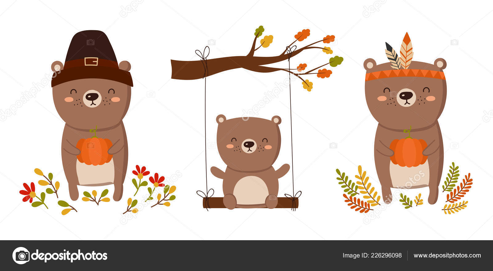 Happy Thanksgiving Greeting Card Poster Flyer Holiday Funny Bears Collection Stock Vector Image By C Tiny Selena 226296098