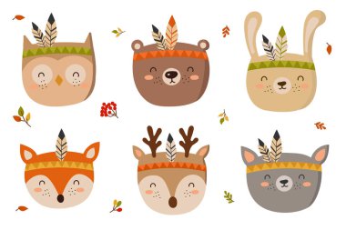 Komik Kabile hayvanlar kafaları. Doodle illüstrasyon. Sonbahar tatil, duş bebek, Doğum günü, çocuk bölümü