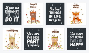 Komik hayvanlar lezzetli hediye tutan koleksiyon. Mutlu Şükran günü, tebrik kartı, poster ya da tatil için el ilanı. Doodle illüstrasyon. Sonbahar tatil, duş bebek, Doğum günü, çocuk bölümü