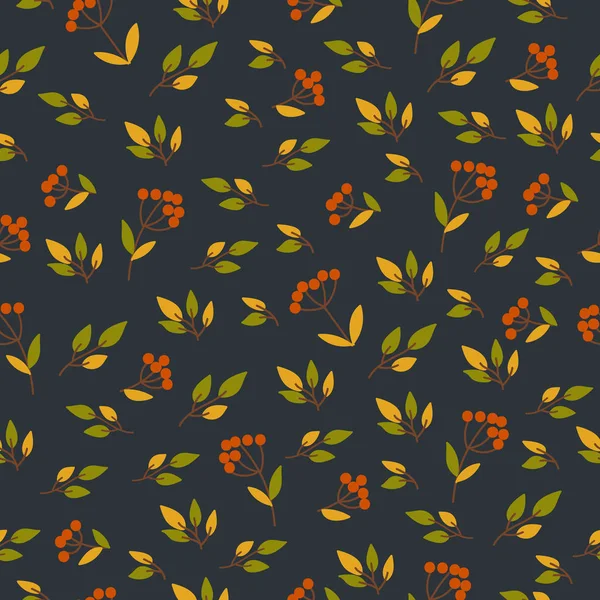 Motif sans couture avec branches, feuilles, baies sur un fond sombre — Image vectorielle