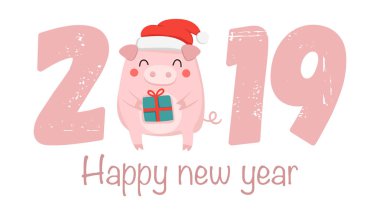 Sevimli domuz ve kutlama sloganı ile yaratıcı poster 2019 yılbaşı için. Çince takvim yılında sembolü. Vektör izole illüstrasyon karikatür. Sarı domuz yılı.