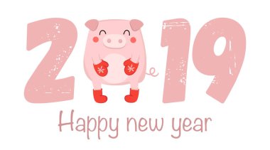 Sevimli domuz ve kutlama sloganı ile yaratıcı poster 2019 yılbaşı için. Çince takvim yılında sembolü. Vektör izole illüstrasyon karikatür. Sarı domuz yılı.