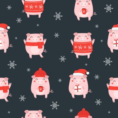 Sevimli domuz ile Seamless modeli 2019 yılbaşı için. Çince takvim yılında sembolü. Vektör izole illüstrasyon karikatür. Sarı domuz yılı.