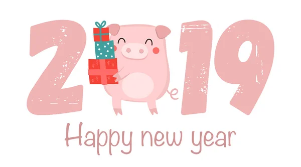 귀여운 돼지와 슬로건 2019 크리에이 포스터 달력에 상징입니다 돼지의 — 스톡 벡터