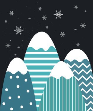 Neşeli Noel ve mutlu yeni yıl kartı dağlar ve koyu arka plan üzerinde kar taneleri ile. Tebrik, kış tatil kartları, poster, afiş ve kapakları için şablon.