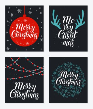Kartpostal koleksiyonu ile Noel şeyleri. Tebrik, kış tatil kartları, poster, afiş ve kapakları için şablon.
