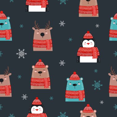 Seamless modeli ile Noel şeyleri. Geyik, ayı, penguen. Tebrik, kış tatil kartları, poster, afiş ve kapakları için şablon.