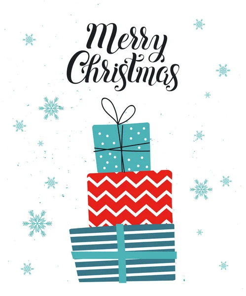 Веселого Різдва Щасливого Нового Року Карти Подарунками Сніжинки Білому Тлі — стоковий вектор