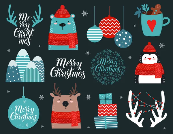 Neşeli Noel ve mutlu yeni yıl sticker koleksiyonu koyu arka plan üzerinde. Tebrik, kış tatil kartları, poster, afiş ve kapakları için şablon.
