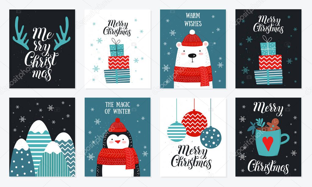 Postcard collection with christmas stuff. Template for greeting, winter holiday cards, posters, banners and covers.