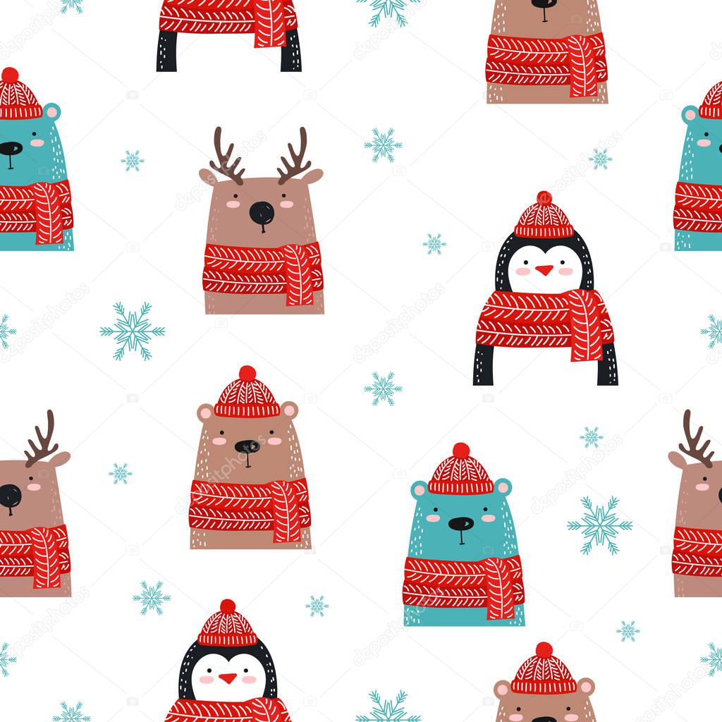 Seamless pattern with christmas stuff. Deer, bear, penguin. Template for greeting, winter holiday cards, posters, banners and covers.