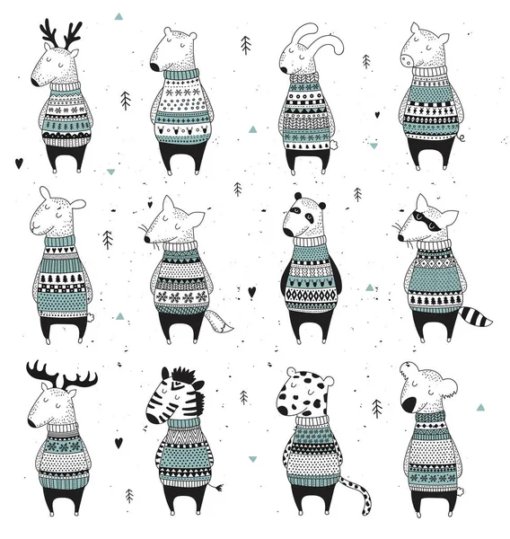 Vektor Kollektion Niedlicher Wintertiere Kuscheligem Pullover Doodle Illustration Winterurlaub Babydusche — Stockvektor