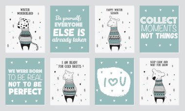 Rahat kazaklı sevimli kış hayvanlarla vektör kartpostal koleksiyonu. Doodle illüstrasyon. Kış tatil, duş bebek, Doğum günü, çocuk partisi
