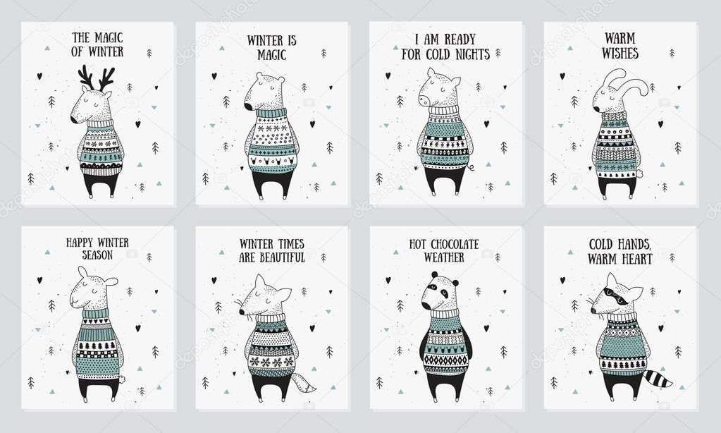 Vector postcard collection with cute winter animals in cozy sweater. Doodle illustration. Winter holidays, baby shower, birthday, children's party