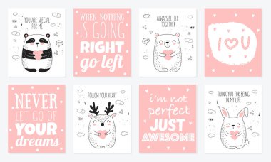 Sevimli hayvanlar ve yazı ile vektör çizim için kartpostal toplama. Doodle illüstrasyon. Sevgililer günü, yıldönümü, duş bebek, Doğum günü, çocuk partisi