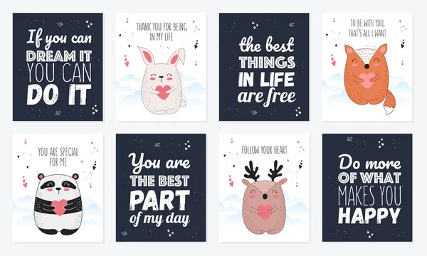 Sevimli hayvanlar ve yazı ile vektör çizim için kartpostal toplama. Doodle illüstrasyon. Sevgililer günü, yıldönümü, duş bebek, Doğum günü, çocuk partisi