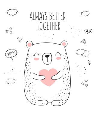 Vektör çizim için poster sevimli ayı ve kalp ile. Doodle illüstrasyon. Sevgililer günü, yıldönümü, duş bebek, Doğum günü, çocuk bölümü