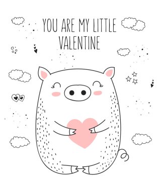 Vektör çizim için poster şirin domuz ve kalp ile. Doodle illüstrasyon. Sevgililer günü, yıldönümü, duş bebek, Doğum günü, çocuk bölümü