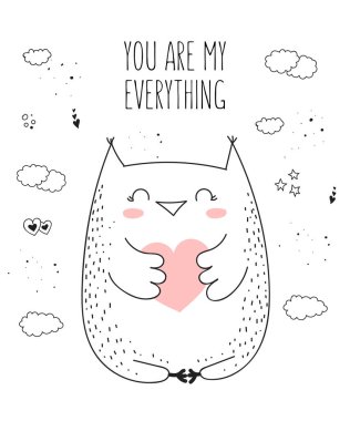 Vektör çizim için poster şirin baykuş ve kalp ile. Doodle illüstrasyon. Sevgililer günü, yıldönümü, duş bebek, Doğum günü, çocuk bölümü