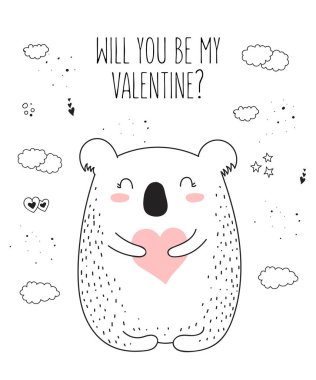 Vektör çizim için poster şirin koala ve kalp ile. Doodle illüstrasyon. Sevgililer günü, yıldönümü, duş bebek, Doğum günü, çocuk bölümü