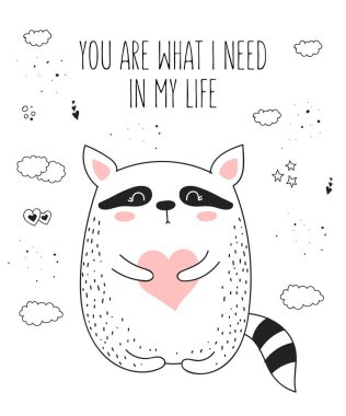 Vektör çizim için poster şirin Rakun ve kalp ile. Doodle illüstrasyon. Sevgililer günü, yıldönümü, duş bebek, Doğum günü, çocuk bölümü