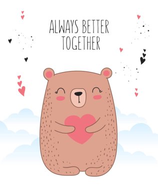 Vektör çizim için poster sevimli ayı ve kalp ile. Doodle illüstrasyon. Sevgililer günü, yıldönümü, duş bebek, Doğum günü, çocuk bölümü