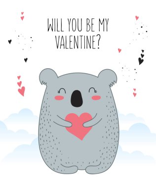 Vektör çizim için poster şirin koala ve kalp ile. Doodle illüstrasyon. Sevgililer günü, yıldönümü, duş bebek, Doğum günü, çocuk bölümü
