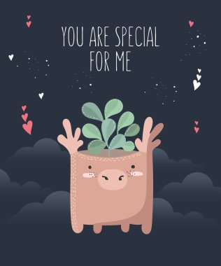 Vektör çizim için poster sevimli geyik ve bitki ile. Doodle illüstrasyon. Sevgililer günü, yıldönümü, duş bebek, Doğum günü, çocuk bölümü