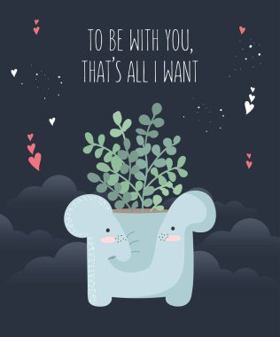 Vektör çizim için poster sevimli fil ve bitki ile. Doodle illüstrasyon. Sevgililer günü, yıldönümü, duş bebek, Doğum günü, çocuk bölümü