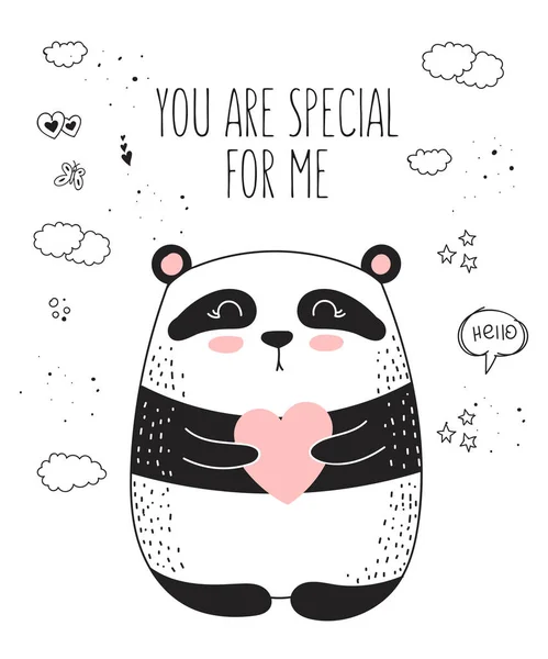 Vector Line Drawing Poster Cute Panda Heart Doodle Illustration Valentine — Stock Vector