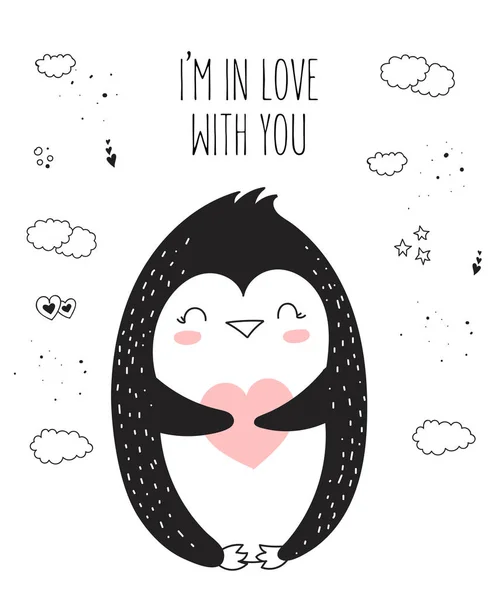 Διάνυσμα Γραμμικό Σχέδιο Αφίσα Χαριτωμένο Πιγκουίνος Και Την Καρδιά Doodle — Διανυσματικό Αρχείο