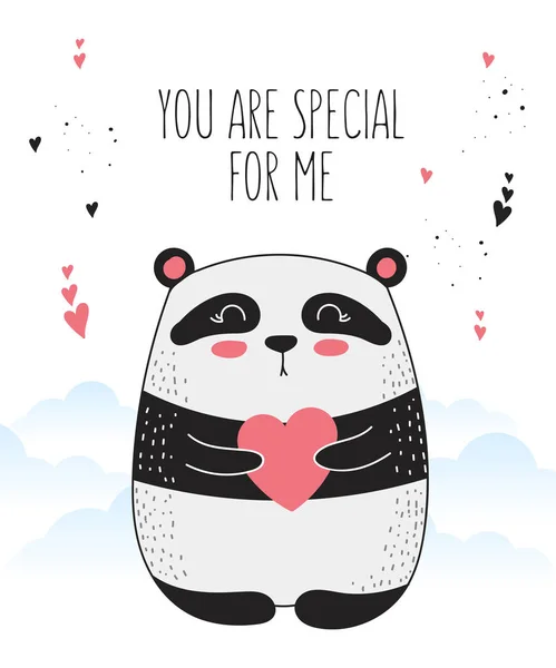 Διάνυσμα Γραμμικό Σχέδιο Αφίσα Χαριτωμένο Panda Και Την Καρδιά Doodle — Διανυσματικό Αρχείο