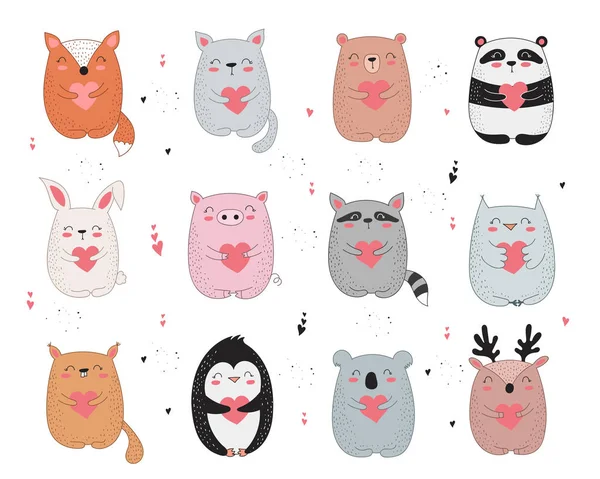 Colección Dibujos Línea Vectorial Animales Lindos Con Corazones Ilustración Doodle — Vector de stock