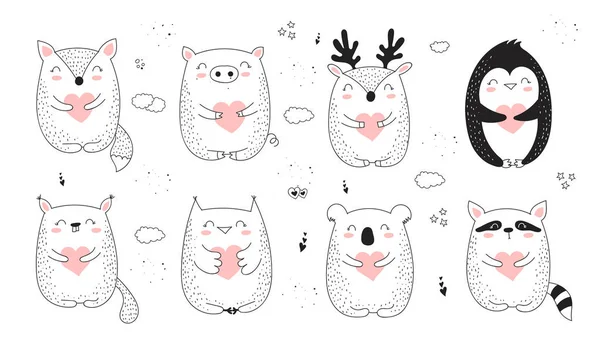 Vector Line Drawing Collection Cute Animals Hearts Doodle Illustration Valentine — Stock Vector