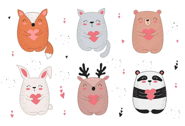 Colección Dibujos Línea Vectorial Animales Lindos Con Corazones Ilustración Doodle — Archivo Imágenes Vectoriales