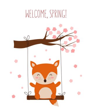 Çizgi film sevimli fox ve bahar sloganı ile vektör poster. Bebek duş, kartpostal, etiket, broşür, el ilanı, sayfa, banner tasarımı için mükemmel. Bahar tatil