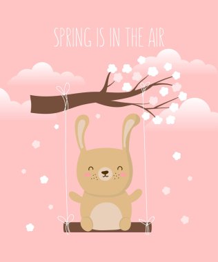 Çizgi film sevimli tavşan ve bahar sloganı ile vektör poster. Bebek duş, kartpostal, etiket, broşür, el ilanı, sayfa, banner tasarımı için mükemmel. Bahar tatil