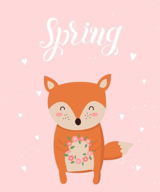 Çizgi film sevimli fox ve bahar sloganı ile vektör poster. Bebek duş, kartpostal, etiket, broşür, el ilanı, sayfa, banner tasarımı için mükemmel. Bahar tatil