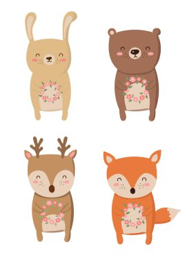 Vektör çiçek çelenk ile sevimli hayvanlar çizgi film topluluğu