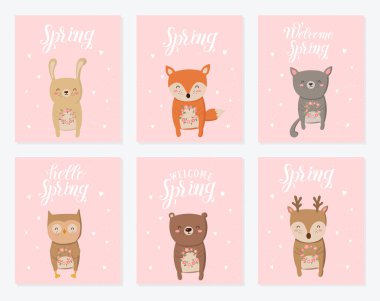 Sevimli hayvanlar ve bahar sloganı ile vektör poster koleksiyonu. Bebek duş, kartpostal, etiket, broşür, el ilanı, sayfa, banner tasarımı için mükemmel. Bahar tatil