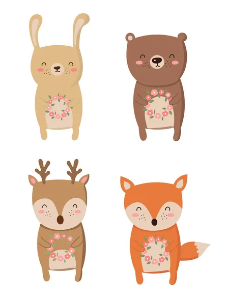 Collection vectorielle de dessins animés animaux mignons avec couronne de fleurs — Image vectorielle