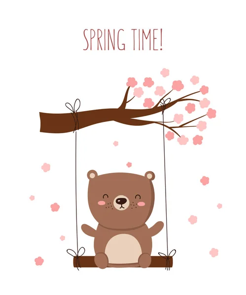 Vector poster with cartoon cute bear and spring slogan. Perfect for baby shower, postcard, label, brochure, flyer, page, banner design. Spring holiday — Stock Illustration Vector Poster Cartoon Cute Bear Spring Slogan Perfect Baby Shower Stock Illustration