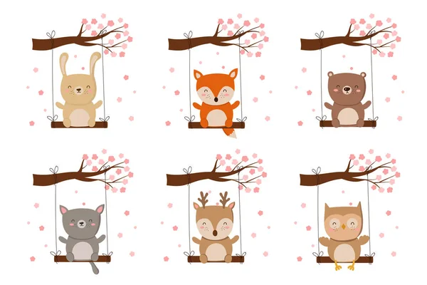 Vector collection of cartoon cute animals on swing. Perfect for baby shower, postcard, label, brochure, flyer, page, banner design. Spring holiday — Stock Illustration Vector Collection Cartoon Cute Animals Swing Perfect Baby Shower Postcard Royalty Free Stock Vectors
