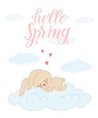 Sevimli tavşanlar çiçek çelenk ve bahar sloganı ile vektör poster. Bebek duş, kartpostal, etiket, broşür, el ilanı, sayfa, banner tasarımı için mükemmel. Bahar tatili, kadın gün, Paskalya, Valentine