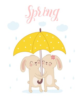 Sevimli tavşanlar çiçek çelenk ve bahar sloganı ile vektör poster. Bebek duş, kartpostal, etiket, broşür, el ilanı, sayfa, banner tasarımı için mükemmel. Bahar tatili, kadın gün, Paskalya, Valentine