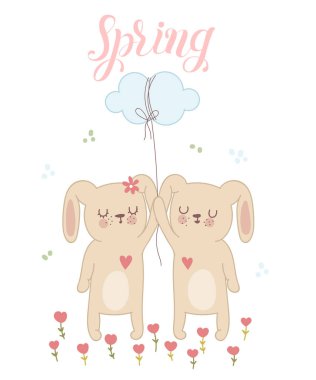 Sevimli tavşanlar çiçek çelenk ve bahar sloganı ile vektör poster. Bebek duş, kartpostal, etiket, broşür, el ilanı, sayfa, banner tasarımı için mükemmel. Bahar tatili, kadın gün, Paskalya, Valentine