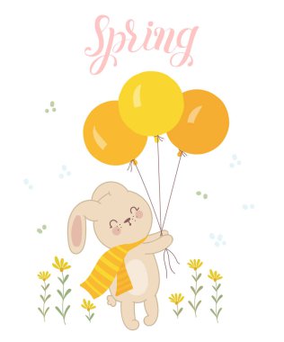 Sevimli tavşanlar çiçek çelenk ve bahar sloganı ile vektör poster. Bebek duş, kartpostal, etiket, broşür, el ilanı, sayfa, banner tasarımı için mükemmel. Bahar tatili, kadın gün, Paskalya, Valentine