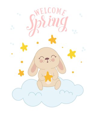 Sevimli tavşanlar çiçek çelenk ve bahar sloganı ile vektör poster. Bebek duş, kartpostal, etiket, broşür, el ilanı, sayfa, banner tasarımı için mükemmel. Bahar tatili, kadın gün, Paskalya, Valentine