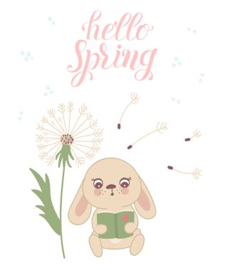 Sevimli tavşanlar çiçek çelenk ve bahar sloganı ile vektör poster. Bebek duş, kartpostal, etiket, broşür, el ilanı, sayfa, banner tasarımı için mükemmel. Bahar tatili, kadın gün, Paskalya, Valentine